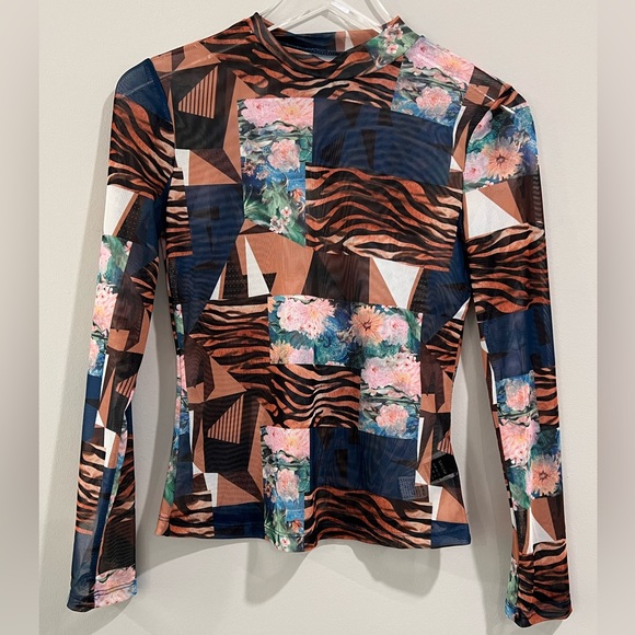 SHEIN Mixed Print Sheer Long Sleeve Top Size Medium - Picture 5 of 6